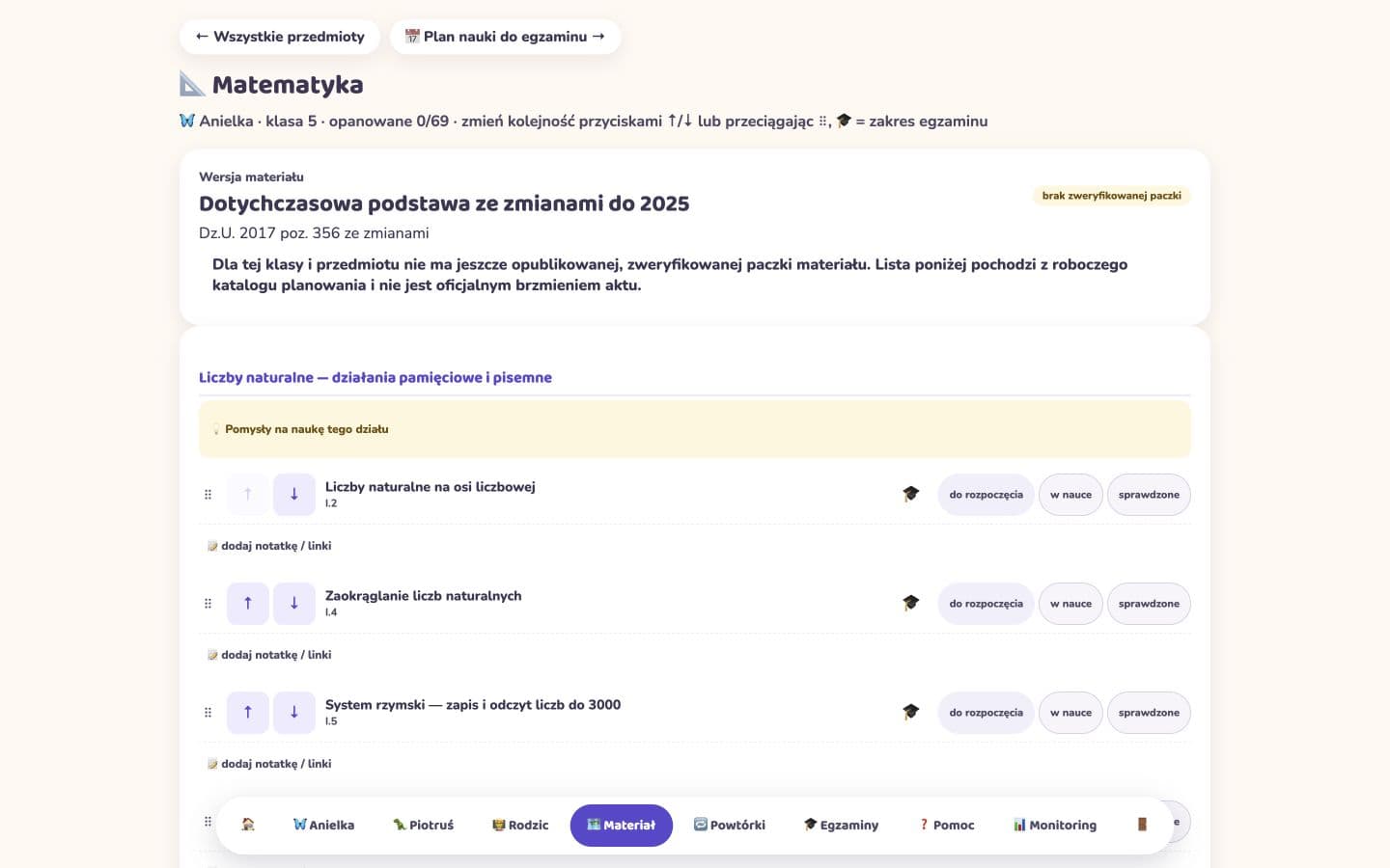 Rzeczywisty ekran mapy materiału Anielki z avatarem motylka, zakresem matematyki i statusami zagadnień