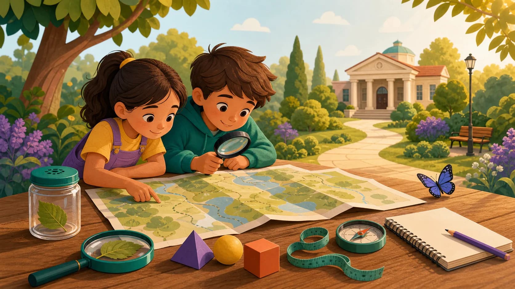 Ilustracja dzieci poznających mapę, przyrodę, geometrię i muzeum podczas nauki przez doświadczenie
