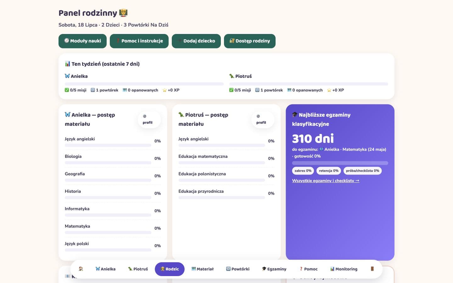 Rzeczywisty panel rodzica z avatarem motylka przy Anielce, postępem dwojga testowych dzieci i terminem egzaminu